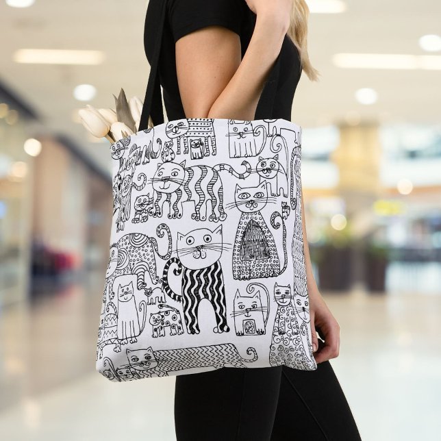 Moderna svarta och vita katter och kattungar mönst tygkasse (Modern Black and White Cats And Kittens Patterned Tote Bag)