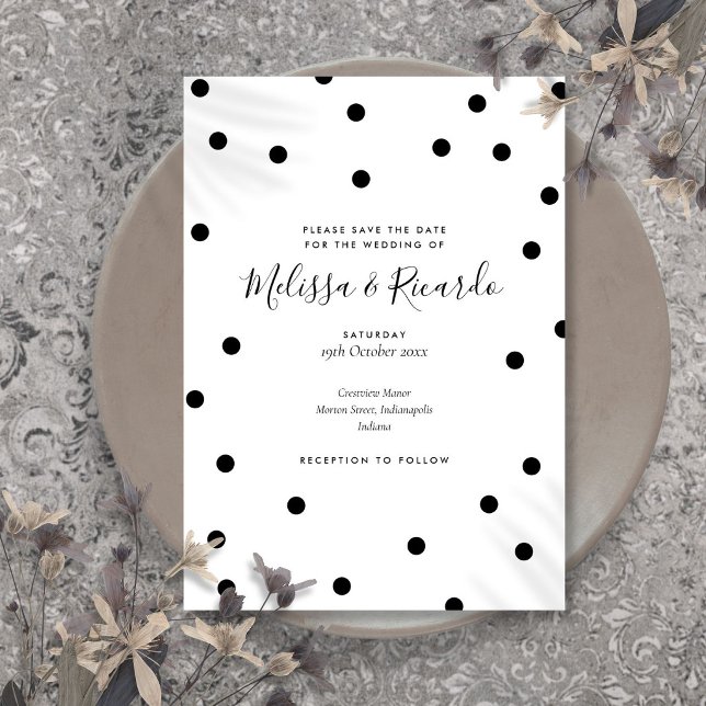Moderna svarta och vita prickar Spara datum Inbjudningar (Modern Black and White Polka Dots Save the Date Invitation)