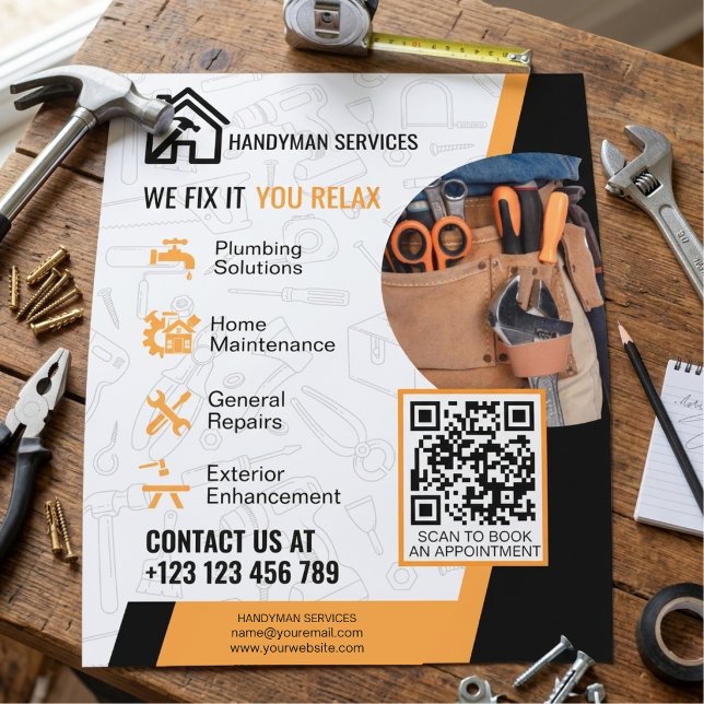 Moderna svarta orange Handyman Hemreparationsservi Reklamblad (Skapare uppladdad)