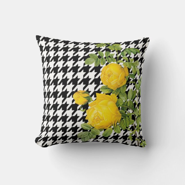 Moderna svartvita Houndstooth gul ros Kudde (Framsida)