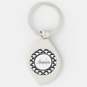 Moderna svartvita kammusslor Monogram och namn Swirl Silverfärgad Nyckelring
