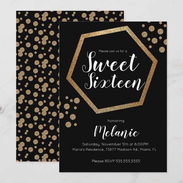 Moderna Sweet 16 Glitter Falskt Guld Geometriska S Inbjudningar (Fram/baksida)