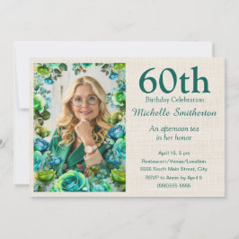 Moderna Teal Blå Gröna Blommor 60-års Födelsedags  Inbjudningar