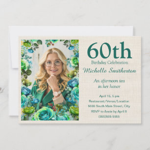 Moderna Teal Blå Gröna Blommor 60-års Födelsedags Inbjudningar