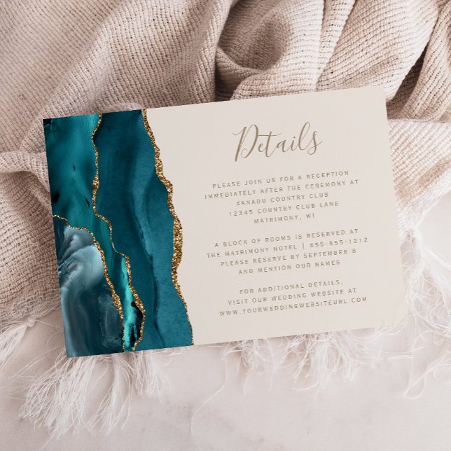 Moderna Teal Guld Agat Elfenbens Bröllopsdetaljer Tilläggskort (Skapare uppladdad)