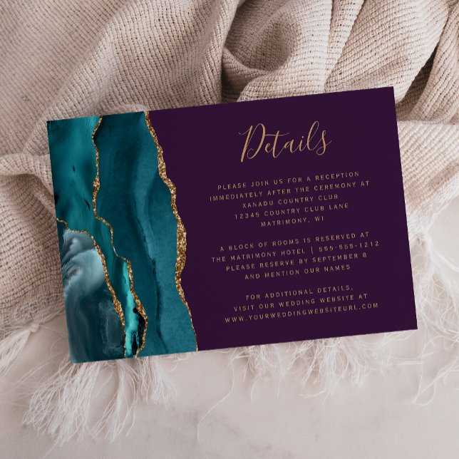 Moderna Teal Guld Agat Lila Bröllopsdetaljer Tilläggskort (Skapare uppladdad)