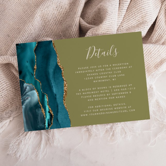 Moderna Teal Guld Agat Olivgröna Bröllopsdetaljer Tilläggskort (Skapare uppladdad)