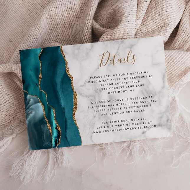 Moderna Teal Guld Agate Grå Marmor Bröllopsdetalje Tilläggskort (Skapare uppladdad)