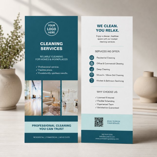 Moderna Teal Rengöringstjänster med QR Reklamkort (Modern Teal Cleaning Services with QR Rack Card
)