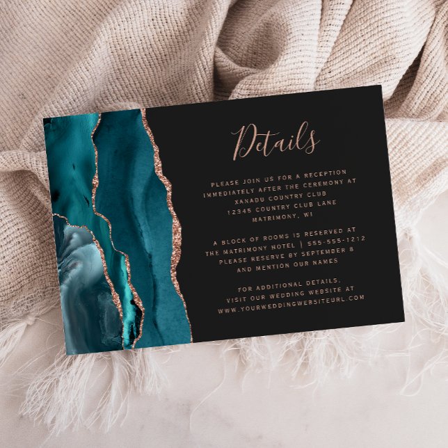 Moderna Teal Rosguld Agat Mörka Bröllopsdetaljer Tilläggskort (Skapare uppladdad)