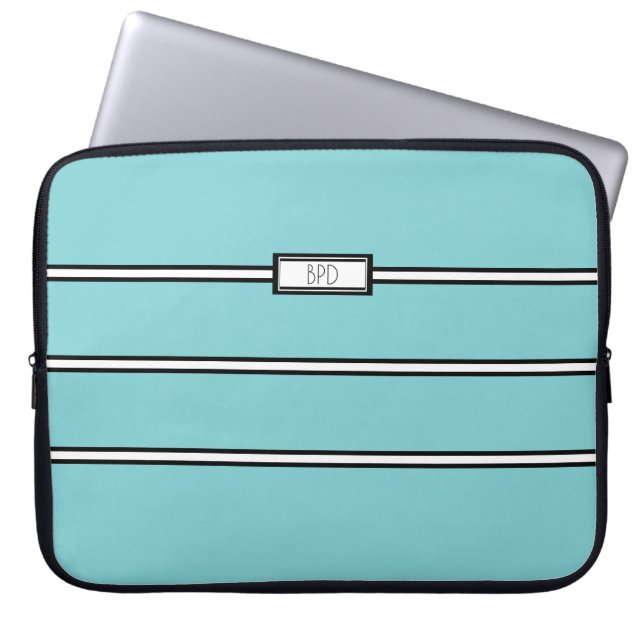 Moderna Teal Svarta Vita Monogram Initialer Laptop Fodral (Framsidan)