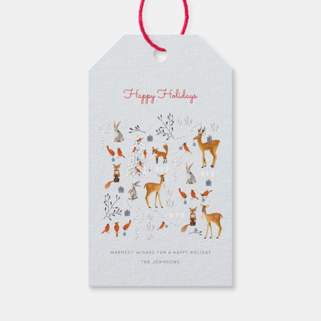 Moderna trädblått och röda djur, träd och fåglar presentetikett (Baksidan)