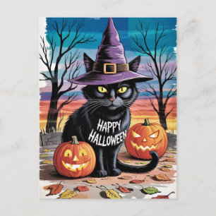 Moderna trendiga Halloween-pumpor och svart katt Vykort