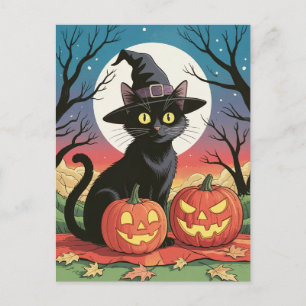 Moderna trendiga halloweenpumpor och svart katt vykort