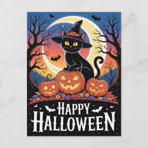 Moderna trendiga halloweenpumpor och svart katt vykort