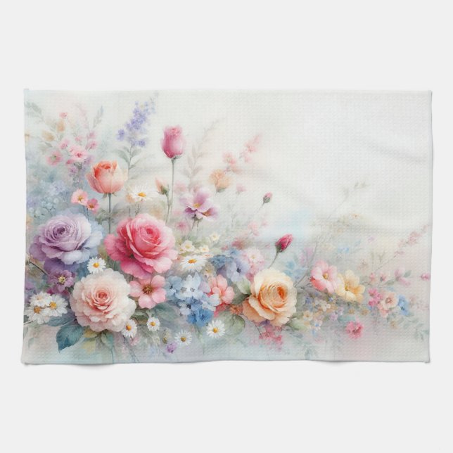Moderna Trendiga Stylisha Akvarellblommor Kökshandduk (Horisontell)