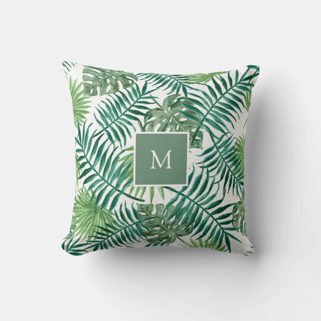Moderna tropiska akvarellblad monogram kudde (Framsida)