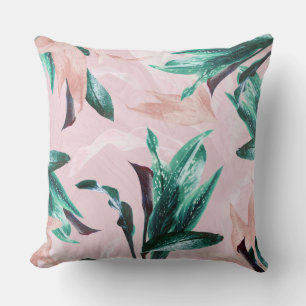 Moderna tropiska gröna blad Rosa blomster Lilja Kudde