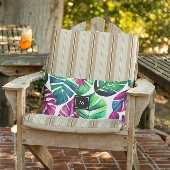 Moderna tropiska löv med vattenfärg i monogrammet lumbarkudde (Stol)