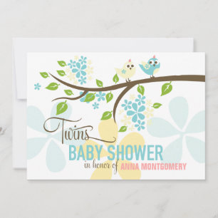 Moderna Twillingar Boys Cute Birds & Flowers Baby Inbjudningar