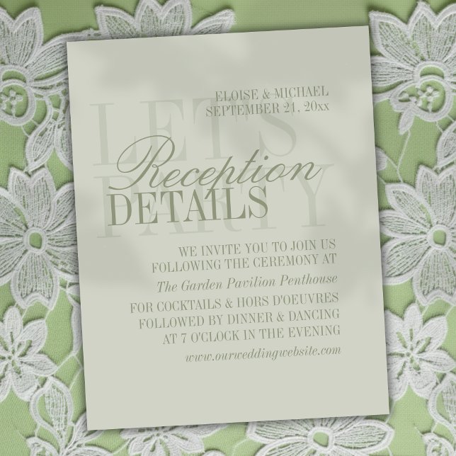 Moderna typsnitt Grönbruna bröllopsdetaljer Tilläggskort (Invite guest to plan join the reception of your big day with this Modern Script Sage Green Card!)
