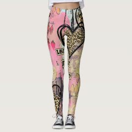 Moderna vattenfärgade hjärtleopardskinn leggings