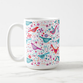 Moderna vattenfärgsfåglar och blommor, färgstarka kaffemugg