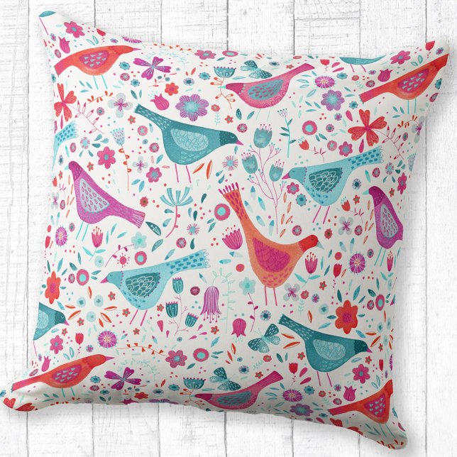 Moderna vattenfärgsfåglar och blommor, färgstarka kudde (Watercolor bird and flower pink, orange, red and teal art throw pillow)