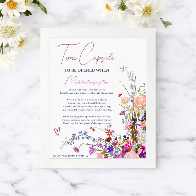 Moderna vilda blommor 1:a födelsedag poster (Modern wildflowers 1st birthday time capsule poster)