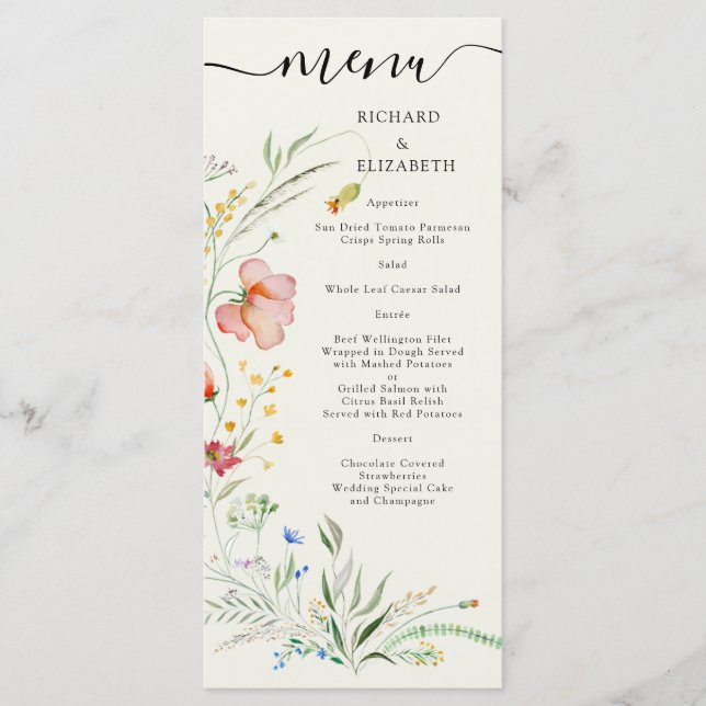 Moderna Vilda Blommor Minimalistisk Elegant Bröllo Meny (Framsida)