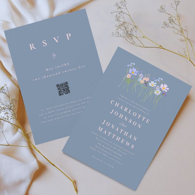 Moderna Vildblommor Dammtorrosa Bröllops QR-kod Inbjudningar (Elegant wildflower meadow dusty blue blush pink floral wedding qr code invitation)