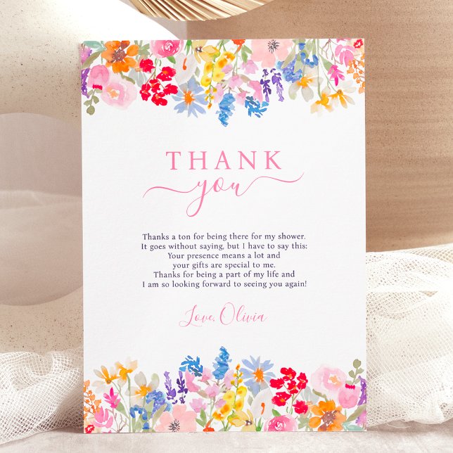 Moderna vildblommor för bröllopsdusch tack kort (Modern garden wildflowers script bridal shower thank you card)