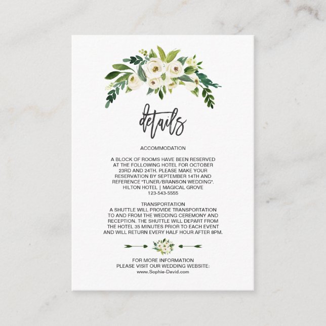 Moderna vita blommande blomsterdetaljer i handskri tilläggskort (Framsida)