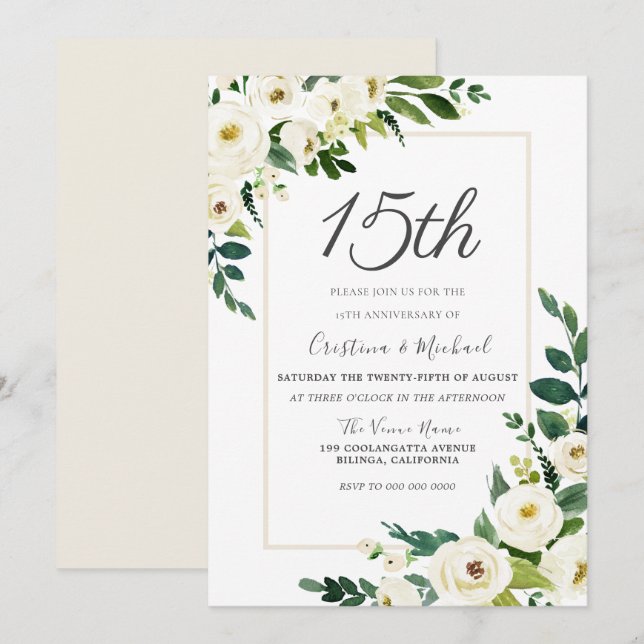 Moderna vita blommor 15-årsjubileum för bröllop inbjudningar (Fram/baksida)