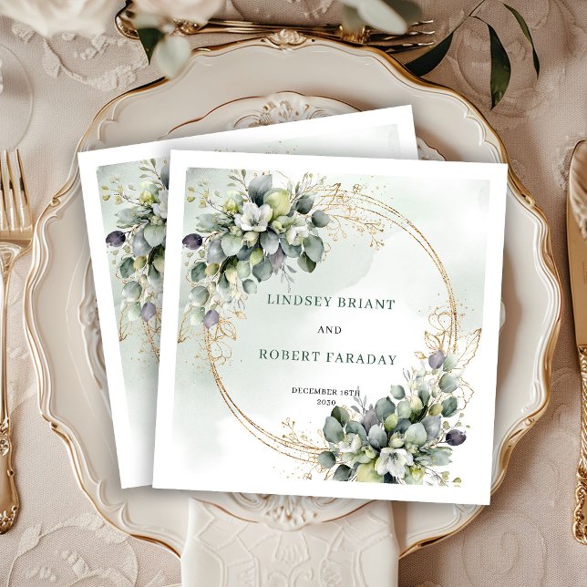 Moderna vita rosor Grönska Bröllop Servetter (Modern White Roses Greenery Wedding Napkins)