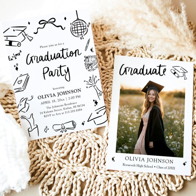 Moderna Whimsical Handritade Båge Examen Fest Inbjudningar (Modern Whimsical Hand Drawn Bow Graduation Party Invitation)