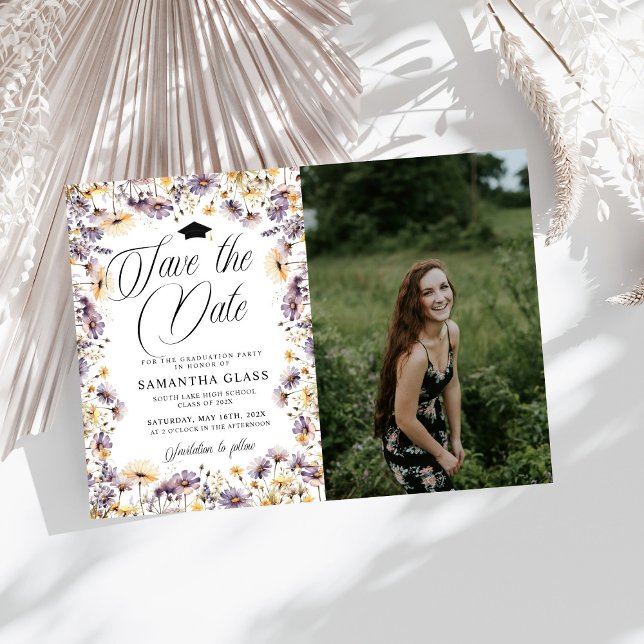 Moderna Wildblommor sparar datumfoto Studenten Inbjudningar (Skapare uppladdad)