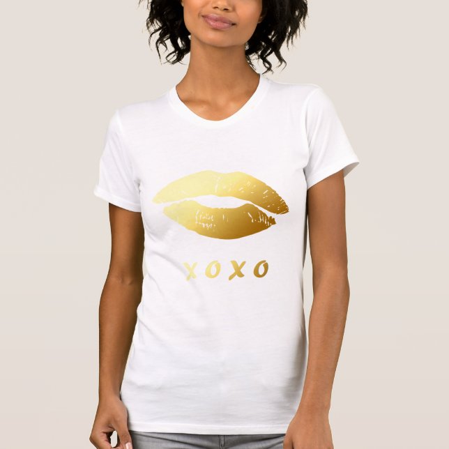 Moderna XOXO-kramkyssar med flott guld- läppar T Shirt (Framsida)