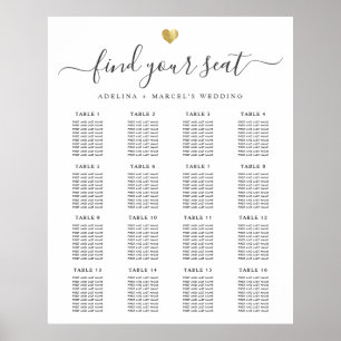 ModernCalligraphy Guld Heart Bröllop Seatdiagram Poster