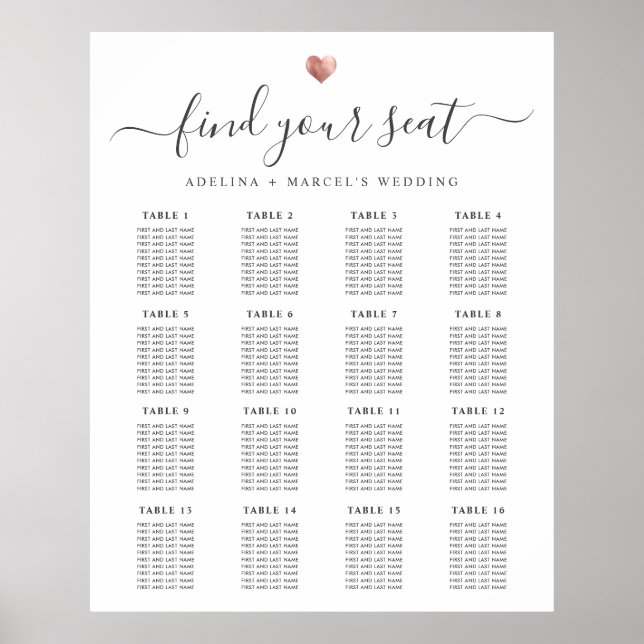ModernCalligraphy Guld Heart Bröllop Seatdiagram Poster (Framsidan)