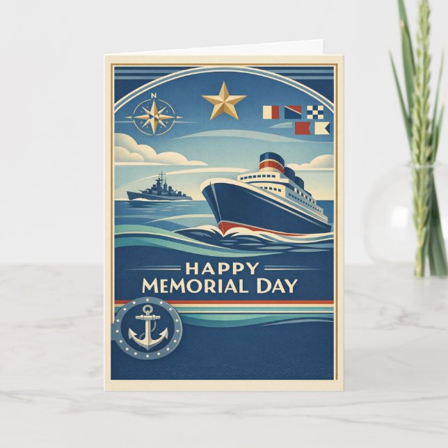 Moderne Blue Nautical Memorial Day Kort (Framsida)