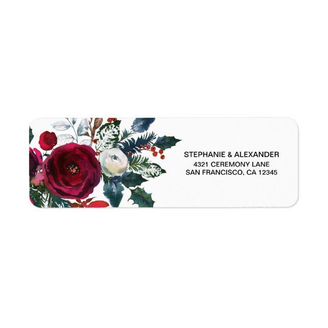 Moderne Burgundy Winter Flowers Bröllop Returadress Etikett (Framsidan)