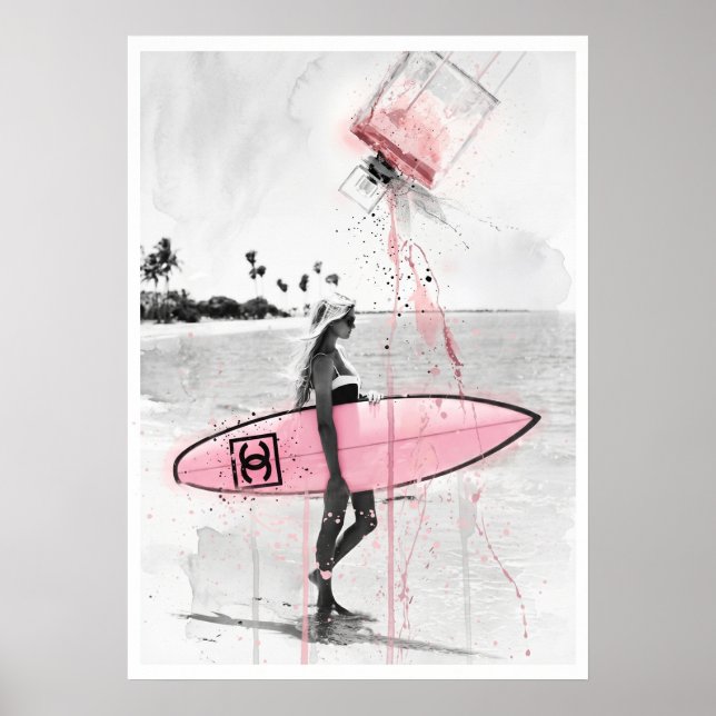 Moderne Fashion Collage: Surferin am Strand mit ro Poster (Framsidan)