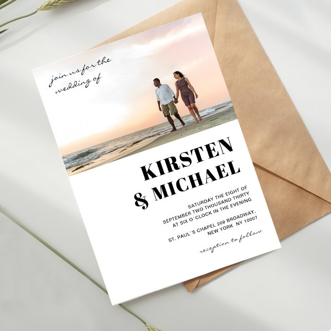 Moderne Foto Hochzeitskarte Einladung Inbjudningar (Modern, photo, white, wedding invitation card.)