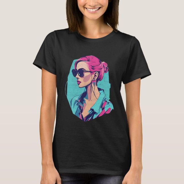 Moderne Pop Art Woman Portrait türkis pink T Shirt (Framsida)