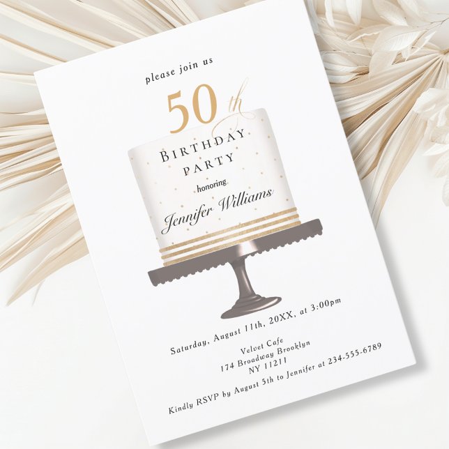 Modernes, elegante Einladung zum Geburtstag Inbjudningar (Modern, elegant, birthday cake, white & gold invitation.)