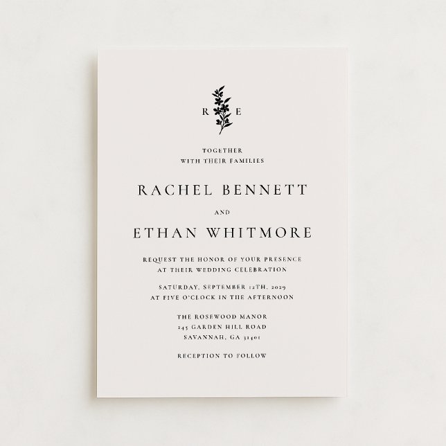 modernI vory Botanical Monogram Wedding Invitation Meddelande (Skapare uppladdad)