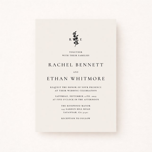modernI vory Botanical Monogram Wedding Invitation Meddelande (Skapare uppladdad)