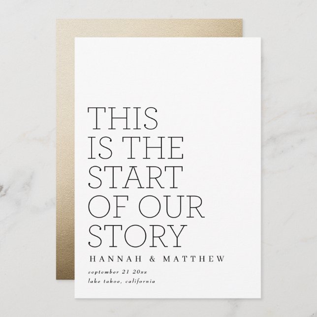 Modernisera vår historia guld typografi bröllop spara datumet (Fram/baksida)