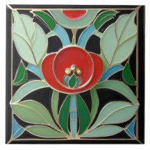 Modernist Art nouveau Faux Relief Grönt Red Flower